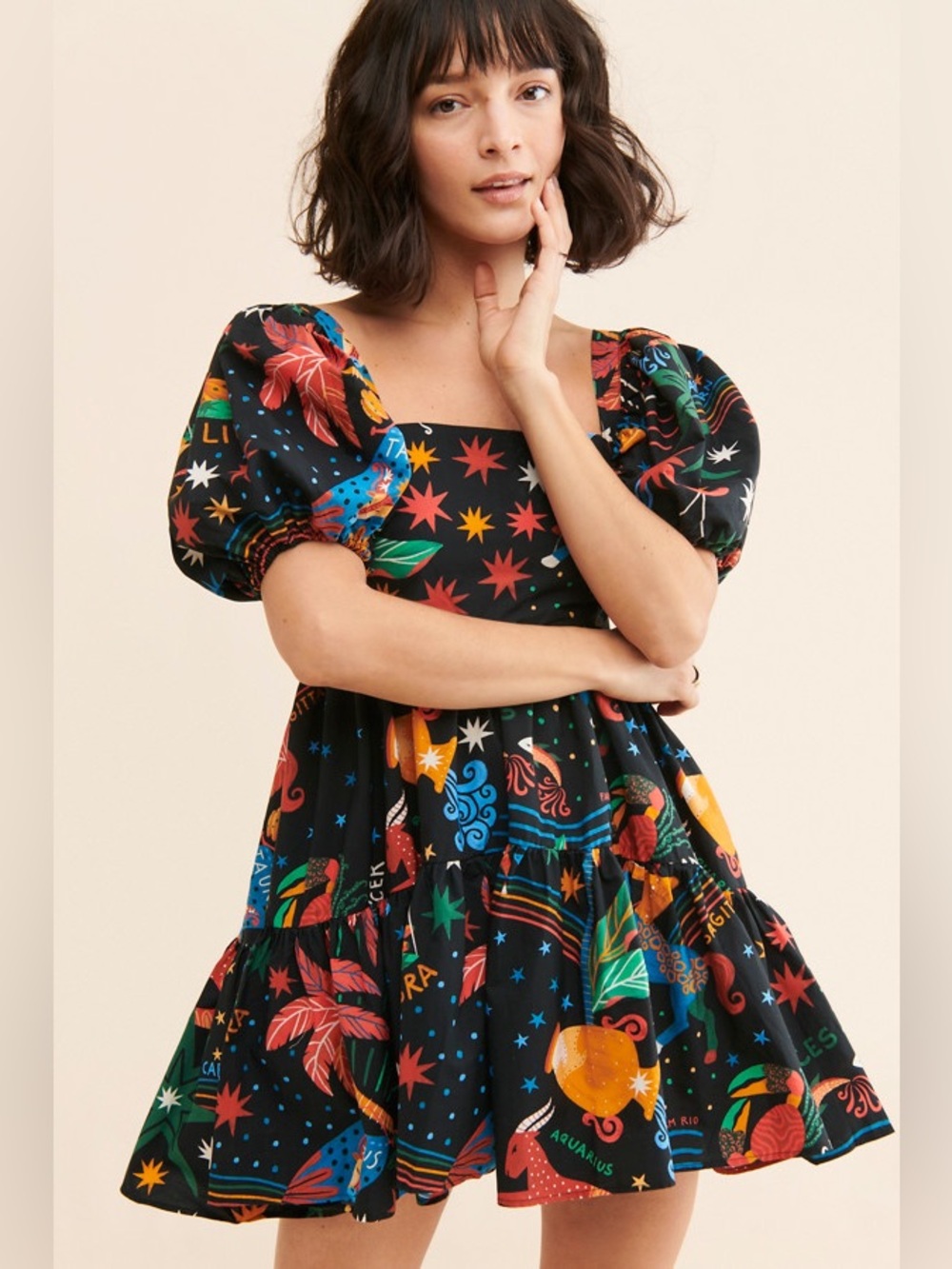 Farm Rio Zodiac Cotton Mini Dress Puff Sleeves Womens size Large - Picture 1 of 12
